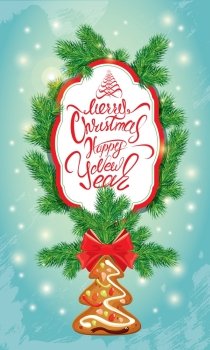 Holiday greeting Card with xmas gingerbread, frame and fir-tree branches. Hand written calligraphic text Merry Christmas and Happy New Year. Light blue background with sparkles.