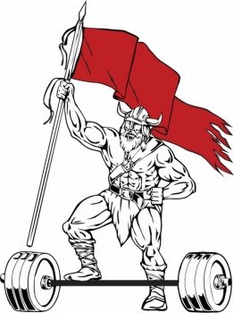 Illustration of a norseman viking warrior raider barbarian with beard wearing horned helmet stepping on barbell waving red flag viewed from front set on isolated white background done in retro style. . Viking Warrior Barbell Waving Flag Retro