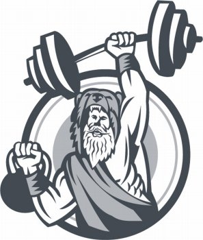 Illustration of a berserker, a champion Norse warrior wearing pelt of bear skin lifting barbell and kettlebell viewed from front set inside circle on isolated background done in retro style.