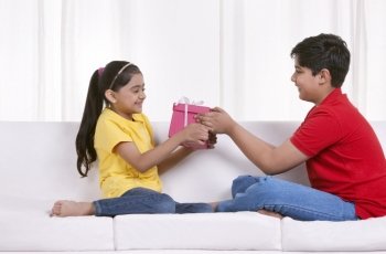 Girl trying to snatch gift box from brother