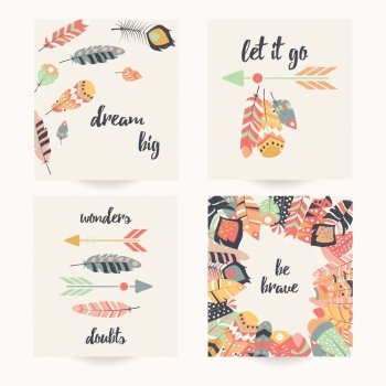 Postcard design with inspirational quote and bohemian colorful feathers, vector illustration