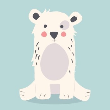 Cute polar bear sitting on the ground on blue background, vector illustration