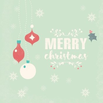 Merry Christmas postcard with balls decoration, snowflakes and flowers, vector illustration