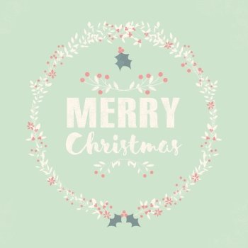 Merry Christmas postcard with lettering and floral wreaths, vector illustration