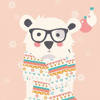 Merry Christmas postcard with hipster polar white bear wearing scarf, vector illustration