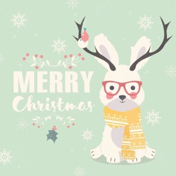 Merry Christmas postcard, hipster polar rabbit wearing glasses and antlers, vector illustration