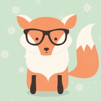 Merry Christmas postcard with cute hipster orange fox wearing glasses, vector illustration