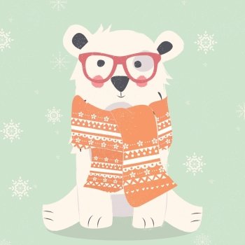Merry Christmas postcard with hipster polar white bear wearing scarf, vector illustration