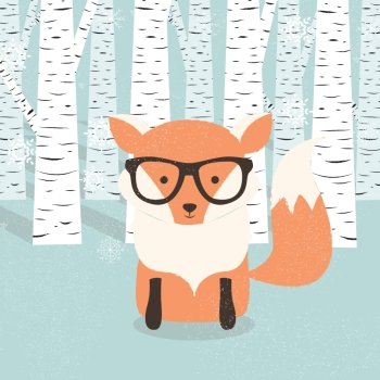 Merry Christmas postcard with hipster cute orange fox in forest, vector illustration