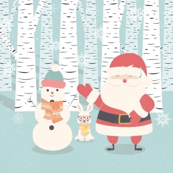 Merry Christmas postcard with Santa Claus, snowman, rabbit in forest, vector illustration