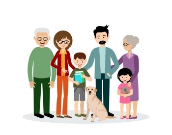 Family. Parents, children, grandmother and grandfather.
Grandson and granddaughter. Son and daughter. Dog. Vector