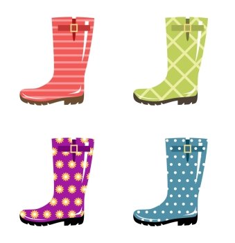Set of gumboots on a white background. Autumn footwear. Vector