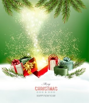 Christmas holiday background with presents and magic box. Vector