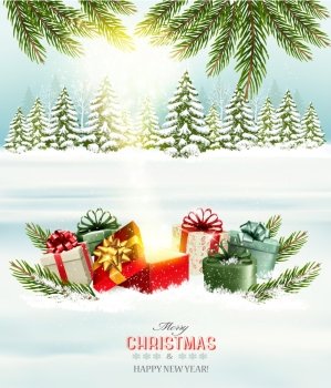 Christmas holiday background with presents and magic box. Vector.