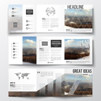 Vector set of tri-fold brochures, square design templates with element of world map and globe. Colorful polygonal backdrop, blurred background, mountain landscape, modern triangle vector texture.