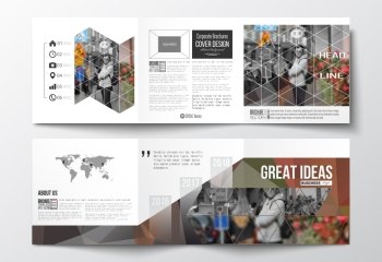 Vector set of tri-fold brochures, square design templates with element of world map. Polygonal background, blurred image, urban landscape, cityscape, modern triangular texture