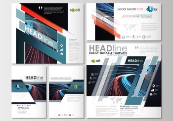 Social media posts set. Business templates. Cover design template, easy editable, abstract flat layouts in popular formats. Abstract lines background with color glowing neon streams, motion design vector.