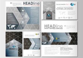 Social media posts set. Business templates. Cover design template, easy editable, abstract flat layouts in popular formats. Abstract 3D construction and polygonal molecules on gray background, scientific technology vector.