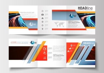Set of business templates for tri-fold brochures. Square design. Leaflet cover, abstract flat layout, easy editable blank. Abstract lines background with color glowing neon streams, motion design vector.
