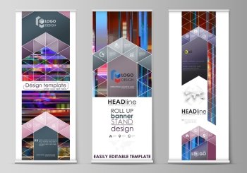 Set of roll up banner stands, flat design templates, abstract geometric style, modern business concept, corporate vertical vector flyers, flag banner layouts. Glitched background made of colorful pixel mosaic. Digital decay, signal error, television fail. Trendy glitch backdrop.