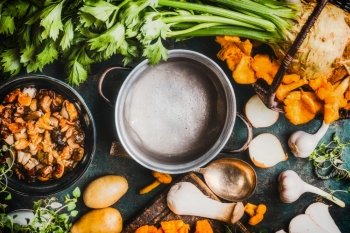 Empty pot and mushrooms cooking ingredients with  chanterelles, top view