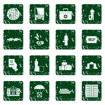 Refugees problem icons set in grunge style green isolated vector illustration. Refugees problem icons set grunge
