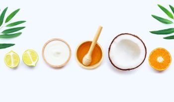 Natural ingredients for homemade skin care on white background. 