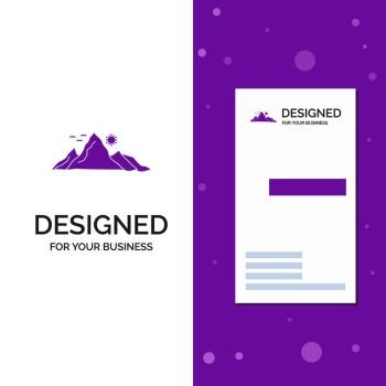 Business Logo for mountain, landscape, hill, nature, sun. Vertical Purple Business / Visiting Card template. Creative background vector illustration. Vector EPS10 Abstract Template background