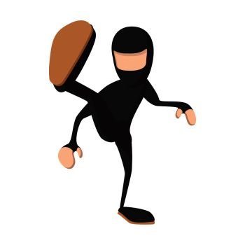 Ninja kicking cartoon icon. Fighting man in black on a white background. Ninja kicking cartoon icon