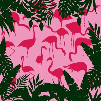 Silhouette of pink flamingos frame of tropical green leaves