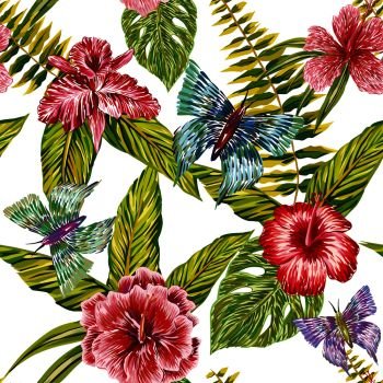 Seamless summer pattern made of tropical flowers, butterfly and leaves painted by hand hatching. Print exotic jungle plants. Natural wallpaper on white background