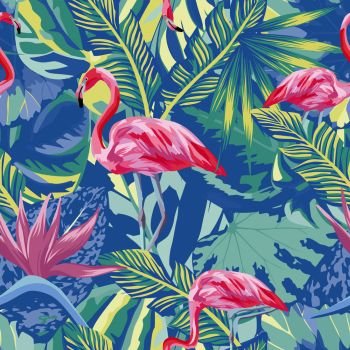 Exotic composition of tropical birds pink flamingo. Jungle beach seamless pattern wallpaper blue leaves and flowers background