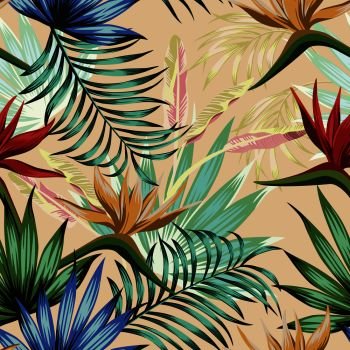 Exotic botanical vivid wallpaper multicolor realistic flat vector tropical flowers bird of paradise and foliage seamless pattern on the beige background