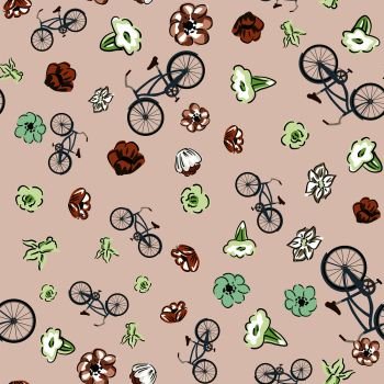 Scattered bicycle and meadow flowers on the pink background. Seamless flat vector composition