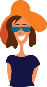 Portrait of a girl in blue shirt with big brown hat and sunglasses vector illustration on white background.