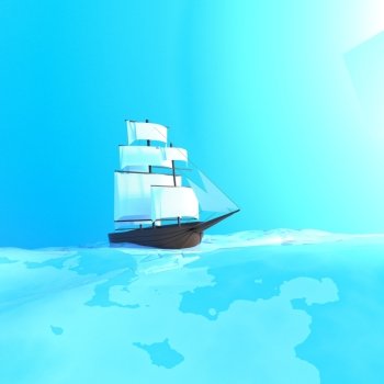 Galeon sailing over blue sea, 3d render, square image