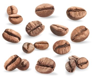 Collection of coffee beans isolated on white