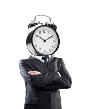 Businessman with alarm clock head on white background. Clipping path