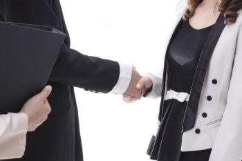 Business handshake with partnership on white background in office 