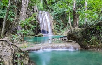 Beautiful deep forest waterfall of Erawan waterfall in Kanchaburi, Thailand