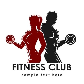 Fitness club logo or emblem with woman and man silhouettes. Woman and Man holds dumbbells. Isolated on white background. Free font Raleway used.