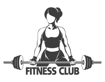 Fitness or Gym center emblem. Athletic woman silhouette with barbell. Power lifting exercises concept. Free font used. Isolated on white.