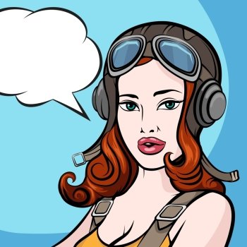 Beautiful girl in pilot helmet and empty speech bubble. Comic Pin up style.