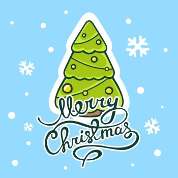 Vector illustration of green christmas tree with hand written text on blue background with snowflakes. Bright color. Hand draw line art design for web, site, advertising, banner, poster, board, postcard, print and greeting card.