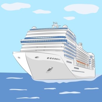 White cruise ship in the ocean background of sky and clouds.. Vector. Cruise ship.