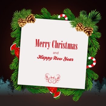 Christmas congratulatory background. Christmas greeting card with fir branches around the card and snowflakes