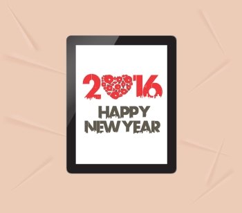happy new year with greeting card in tablet