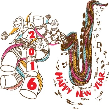 happy new year 2016 musical with Jazz Saxophone doodle art