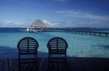 bungalow at the seascape of the island and atoll of the Maldives Islands in the indian ocean.. ASIA INDIAN OCEAN MALDIVES SEASCAPE BUNGALOW