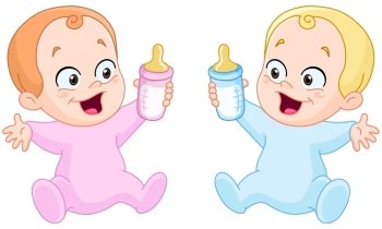 Happy baby girl and baby boy holding bottles
